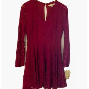 Maroon Rewind Lace/Net Full Sleeve V neck Zipper Size S Fit and Flare Dress NWT